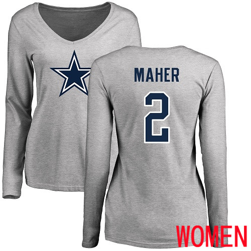 Women Dallas Cowboys Ash Brett Maher Name and Number Logo Slim Fit #2 Long Sleeve Nike NFL T Shirt->nfl t-shirts->Sports Accessory